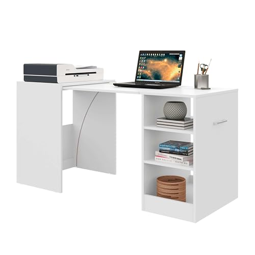 Miroytengo Mesa Escritorio Ashe de Oficina en Color Blanco Mate con 3 Estantes Retráctil en Melamina 149x76x63 cm