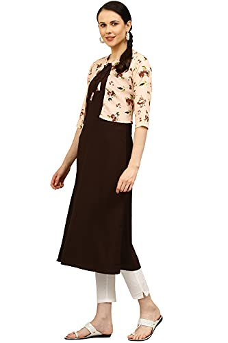 Image of Women's Crepe Printed A-Line Kurti (ALC4045SLM Brown X-Large)