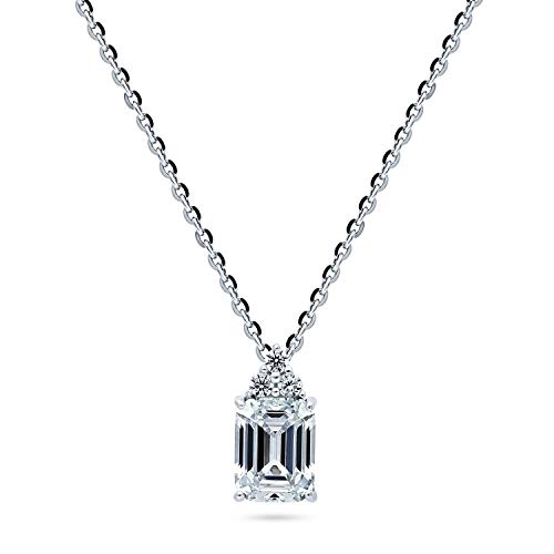 BERRICLE Rhodium Plated Sterling Silver Emerald Cut Cubic Zirconia CZ Solitaire Anniversary Wedding Pendant Necklace