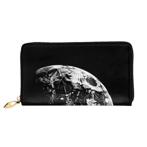 Black Background Moon Long Leather Wallet,Large Capacity Soft Pu Leather Purse For Women With Multiple Card Slots Phone Pocket And Zipper Coin Purse Stylish Phone Card Holder Clutch