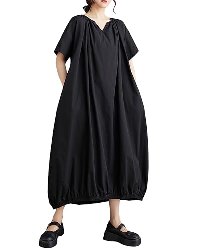 Image of ellazhu Women's Dress Short Sleeve V Neck Below Knee Solid Color Oversize Loose Casual Summer GZ236
