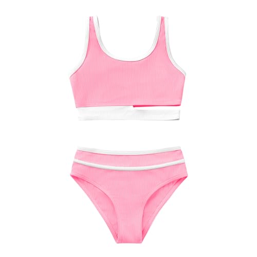 Girls 2 Piece Swimsuit Double Strap High Waist Sporty Bathing Suit Color Block Girls Bikinis Set Size 3-10