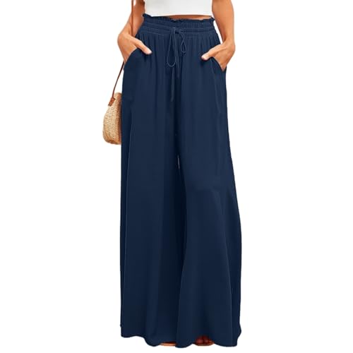 White Linen Pants Women Women Casual High Waist Wide Leg Pants with Pocket for Autumn Beach outings Travel Outfits