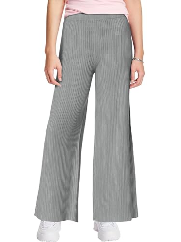 Image of Haloumoning Girls Solid Rib Knit Wide Leg Pants Elastic Waist Flowy Casual Sweater Pants 5-14 Years