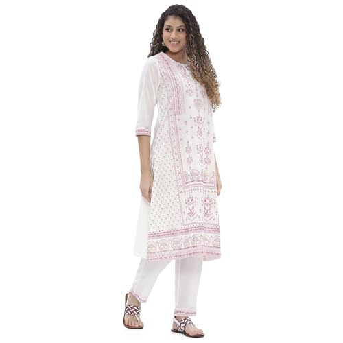 Image of Biba Women 100% Cotton 3 /4 Sleeve Round Neck Printed Kurta Set
