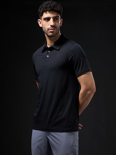 Image of TECHNOSPORT Men's Solid Slim Fit Polo Collar T-Shirt COTFLEX Half Sleeve Button Polyester for Gym Running Workout UPF50+ Anti Odour