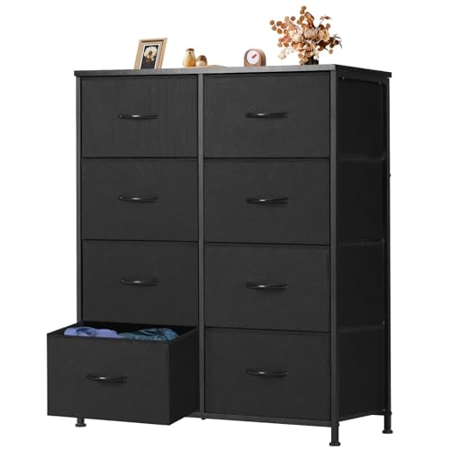 Image of OLIXIS 8 Drawer Dresser for Bedroom, Wide Fabric Storage Tower with Wooden Top and Metal Frame, Closet Chest Organizer Furniture, Living Room Hallway, Black