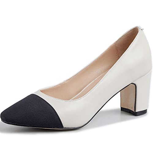 SHODENSE Women Classic Chunky Block Heel Pumps Cap Toe Two Toned 2.5