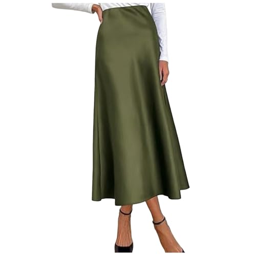 Womens Elegant Long Satin Skirt Silk Dressy Elastic Waist Flared A-Line Maxi Skirts Trendy Summer Formal Work Skirts