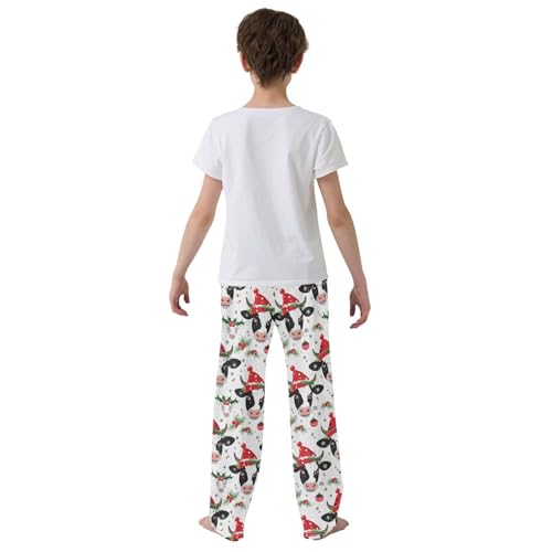 ZZXXB Cow with Xmas Hat Boys Long Pants Soft Trousers Elastic Waist Kids Lounge Bottoms with Pockets S-XL3