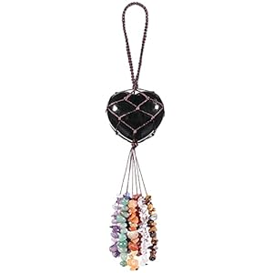 mookaitedecor Black Obsidian Heart Shape Hanging Ornament, 7 Chakra Healing Stones Tumbled Gemstones Crystal Tassels for Car & Home Decoration, Yoga Meditation