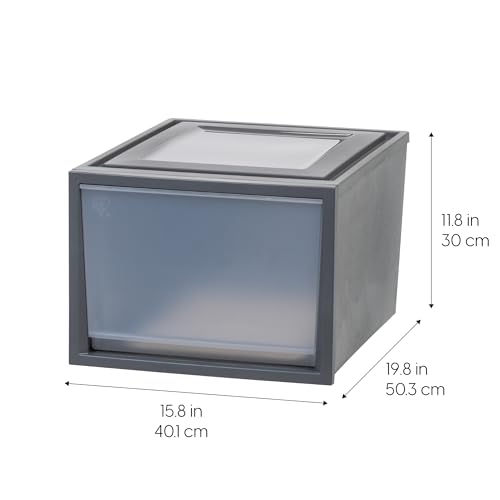 IRIS USA 42 Qt. Plastic Drawer Storage Organizer Stacking Drawers, 4-Pack, Stackable Unit with Sliding Drawer for Clothes Bedroom Kitchen Under Sink Pantry Craft Room Bathroom Dorm Office, Dark Gray