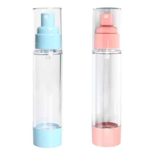Set de 4 Botellas de Vacío Transparentes 50 ml, con Dispensador para Loción y Espray de Viaje, Portátiles En Rosa y Azul para Agua, Champú, Gel de Ducha y Limpiador Facial