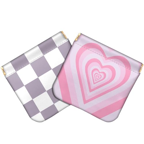 Deokke 2 PCS Coin Purse Pouch Squeeze Soft Leather PU Mini Wallet Small Change Holder Cute Aesthetic for Women Girls Men-Purple Checkered Heart