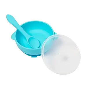 BabyMoo Silicone Unbreakable Bowl & Wood Handle Spoon for Baby Feeding, Suction Design for Toddler, Non-Slip, Non-Toxic, BPA Free, Dishwasher and Microwave Safe - Blue - 1 Set