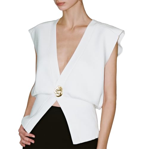 Women's Sweater Vest Sleeveless V-Neck Knit Tops Lightweight with Gold Leaf Button Down Cardigans