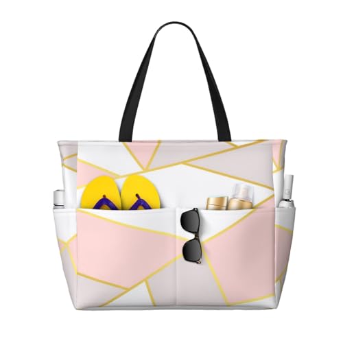 Grand sac de plage rose gris géométrique pour femme : cabas fourre-tout tendance