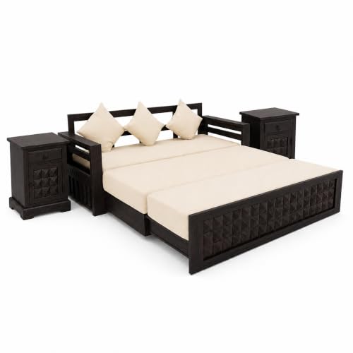 Image of SONA ART & CRAFTS Diamond Sheesham Wood Sofa Cum Bed with Bedside | 3 Seater with Storage and Side Pockets for Living Room Organizer Furniture Sofa Bed Home, Bedroom (Walnut Finish)