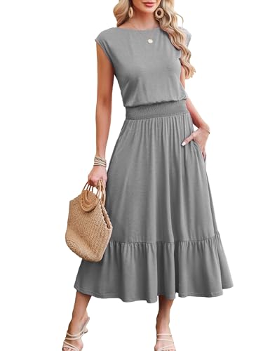 Image of Kikibell Womens Summer Dresses Cap Sleeve Elastic Waist Midi Dress with Pocket Long Causal Sundress Beach Vacation Outfits