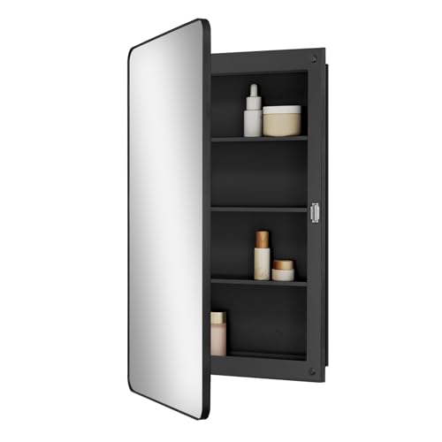 Fundin Kunststoff-Spiegelschrank mit Tür mit abgerundeten Ecken, Einbau- und Aufputzmontage, schwarz, 40 x 71 cm