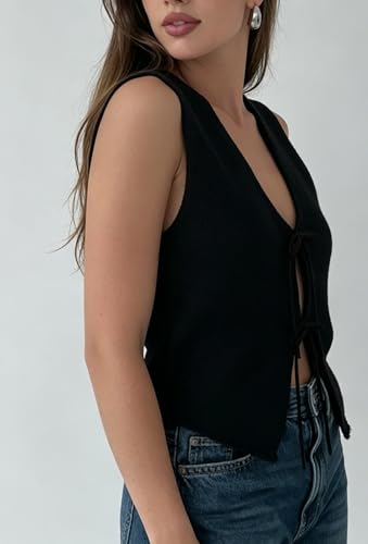 Image of Womens Vintage Knittd Tank Y2k Vest Crop Top Sleeveless V-Neck Open Front Button Crochet Knit Vests Versatile Tops