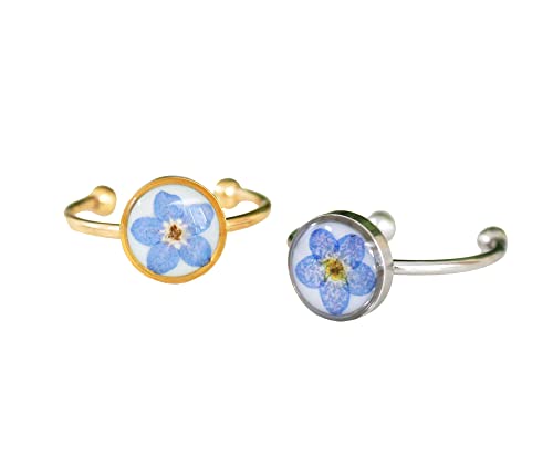 Handmade Pressed Real Natural Forget Me Not flower Ring Resin stainless steel Adjustable Open Ring (silver)