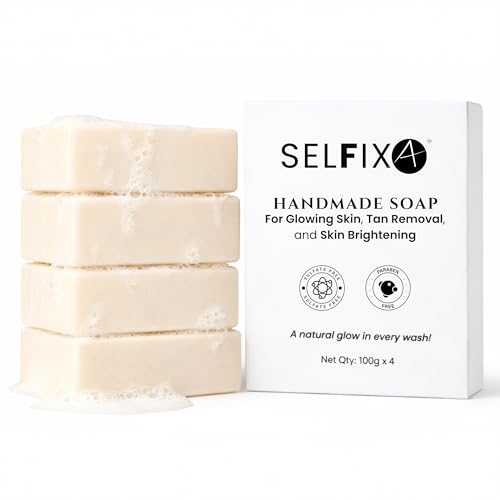 Image of Skin Brightening & Tan Removal Soap | Ayurvedic Bath Soap for Men & Women | Sandalwood, Saffron, Aloe Vera & Goat Milk | Helps Reduce Dark Spots & Uneven Skin Tone | Face & Body | Pack of 4 x 100g (400g)