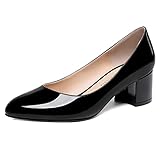 WAYDERNS Women's Black Solid Slip On Patent 2 Inch Low Heel Chunky Round Toe Pumps Shoes Size 9 - Zapatos de Mujer de Tacon Bajo Elegantes para Fiesta