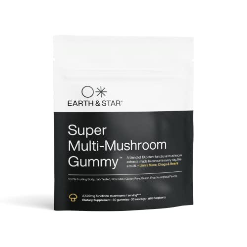 Mushroom Supplement Gummies - Earth & Star - 10 Mushroom Blend Including Lions Mane, Reishi, Cordyceps, and More - Immune Boosting Nootropics for Wellness, Energy, Stress Relief, & More - 30 Servings