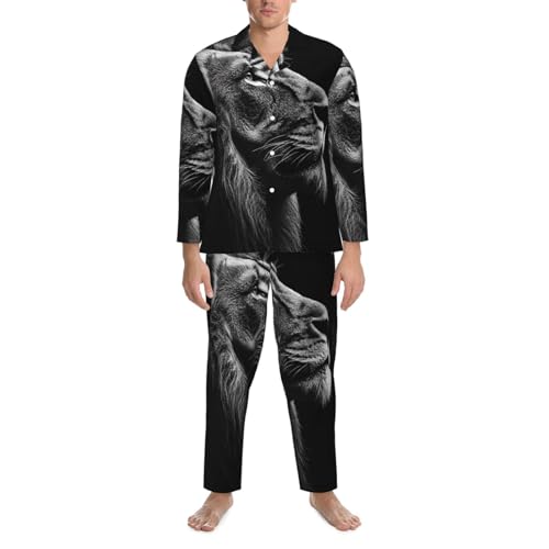 Portrait Of A Lions Head Mens Pajamas Set Button Down Sleepwear Set Long Sleeve Loungewear With Pockets