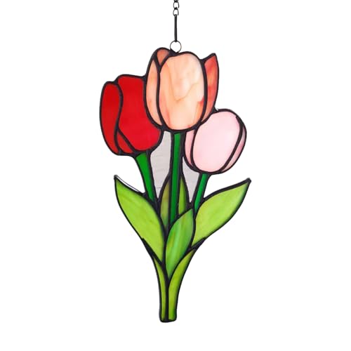 WeDcpcin Stained Glass Tulip Window Hanging Panels,Tulip Sun Catchers Home Decoration Gifts for mom,Woman Friends and Lovers… Red, Pink, and Green