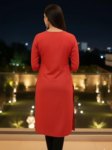 Image of Saanjh Women's Fit Straight Cotton Blend Long Kurta, 3 /4 Sleeve, Knee Length Kurtis, Casual and Office Wear