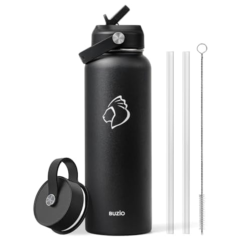 BUZIO 40oz Insulated Water Bottle, Triple Wall Vacuum Stainless Steel Water Flask with 2 lids, Lead-Free BPA-Free Straw Lid Sports Canteen Jug, Cold 48H & Hot 24H- Black Cover