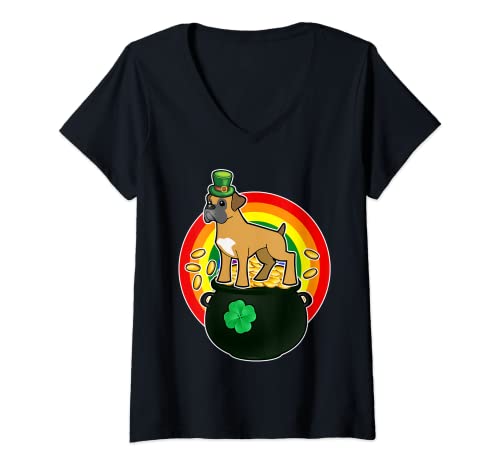 Mujer Boxer Dog Leprechaun Hat Lucky Shamrock St Patricks Day Camiseta Cuello V