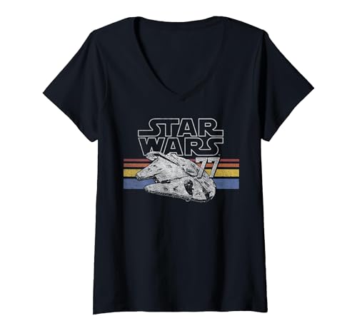 Women's Star Wars Retro Falcon Stripes V-Neck T-Shirt, Black, X-Large