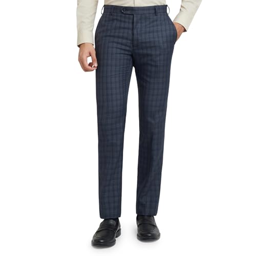 Image of Raymond Men's Slim Fit Mid Rise Checks Pattern Poly Viscose Blend Pleatless Formal Trouser