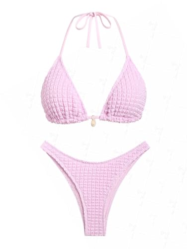 seamoly Women‘s Bikini Sets Two Piece Swimsuit Textured Halter Triangle Thong Bikini Set