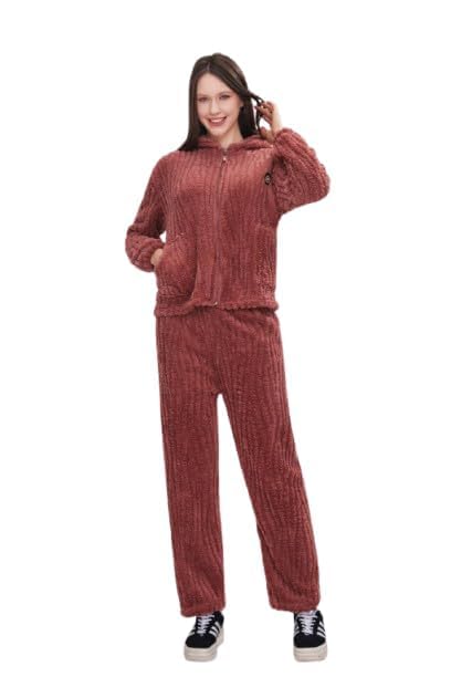 disolve Soft Fleece Women Pajama Set Hooded Full Zipper Winter Suit-picture-13