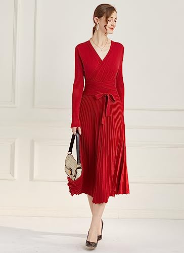 Image of RanRui Womens Winter Fall Pleated Knitted Fit and Flare Long Sleeve Sweater Dress