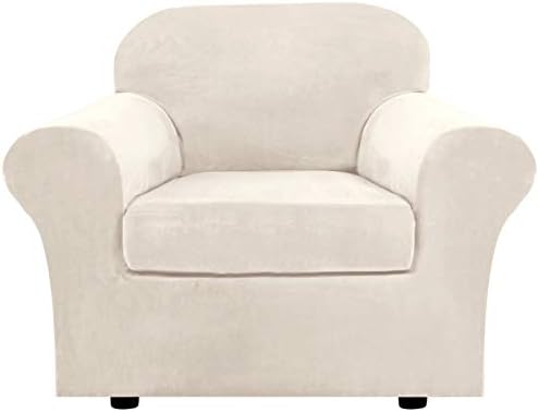 H.VERSAILTEX Rich Velvet Stretch 2 Piece Chair Cover Chair Slipcover Sofa Cover Furniture Protector Couch Soft with Elastic Bottom Chair Couch Cover with Arms, Machine Washable(Chair, Ivory)