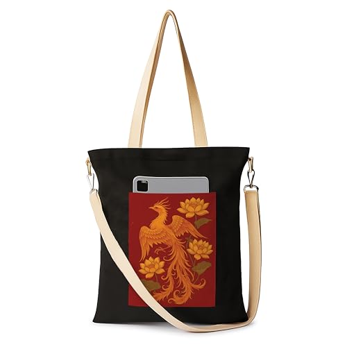 Image of ZORI Black Sling Tote Bag With Pocket and with Beige Straps, Tote Bags For Women large capacity,Tote bag For Shopping, College, Travel, More Canvas Handbag For Unisex