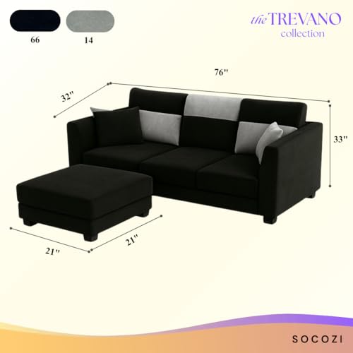 Image of SOCOZI Trevano 4 Seater L Shape Sofa Set with Movable Ottoman | Flexible Left or Right Layout | Soft Velvet Suede Fabric | Modern Design | Plush Comfort Cushions for Living Room (Light Grey-Black)