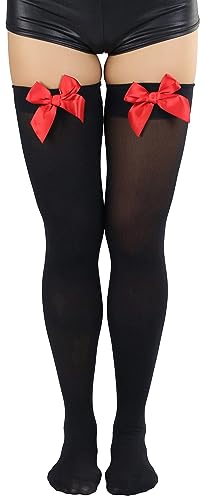 Image of ToBeInStyle Women's Opaque Long Thigh High Stockings w /Decorative Front Satin Bow