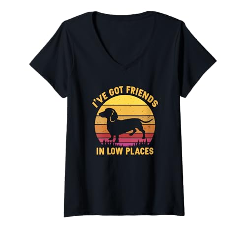 Womens I've got friends in low places funny dachshund apparel V-Neck T-Shirt
