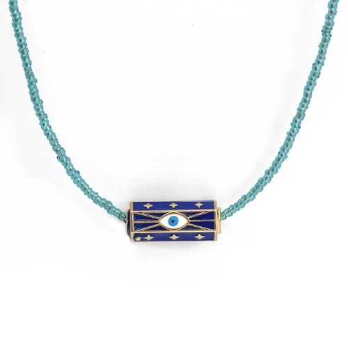 Pendentif œil bleu maléfique avec longue chaîne de perles colorées pour hommes et femmes