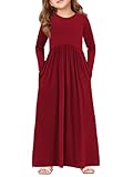 Haloumoning Girls Maxi Dress Long Sleeve Casual Holiday Dress with Pockets for 5-14 Years Burgundy