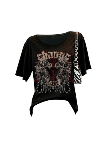 Image of RoseSeek Women's Off The Shoulder Goth Graphic Tees Short Sleeve Asymmetrical Oversized Y2K T Shirts
