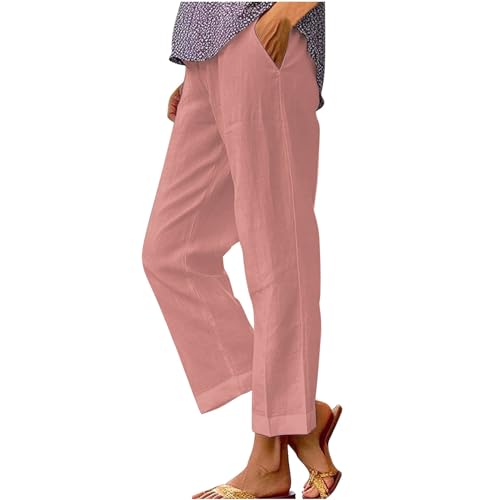 Pantalones de algodón y lino para mujer elástico casual fluido pantalones de playa con bolsillos anchos ligeros 7/8 holgados verano lino cintura alta chic casual trabajo correr pantalones cortos, Rosa