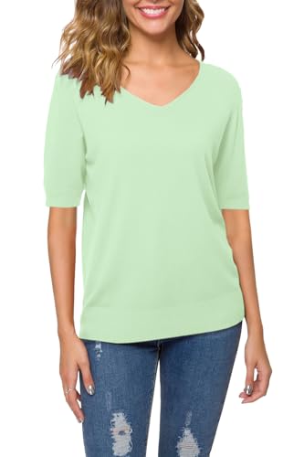 Image of DAIMIDY Women's Short Sleeve Sweater V Neck Summer Knit Tops | Business Casual Tops| Soft,Lightweight,Breathable and Comfortable| Perfect for Shopping,Date,Vacation,Daily Wear Etc.