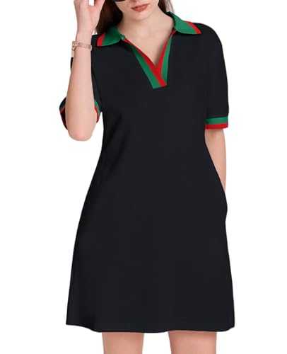 Image of WOWULOVELY Polo Dress for Women V Neck Casual Short Sleeve Mini Shirt Dress Flowy Contrast Color Golf Tennis A Line Dresses